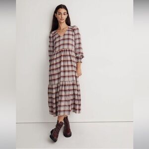 V-Neck Tiered Midi Dress in Plaid